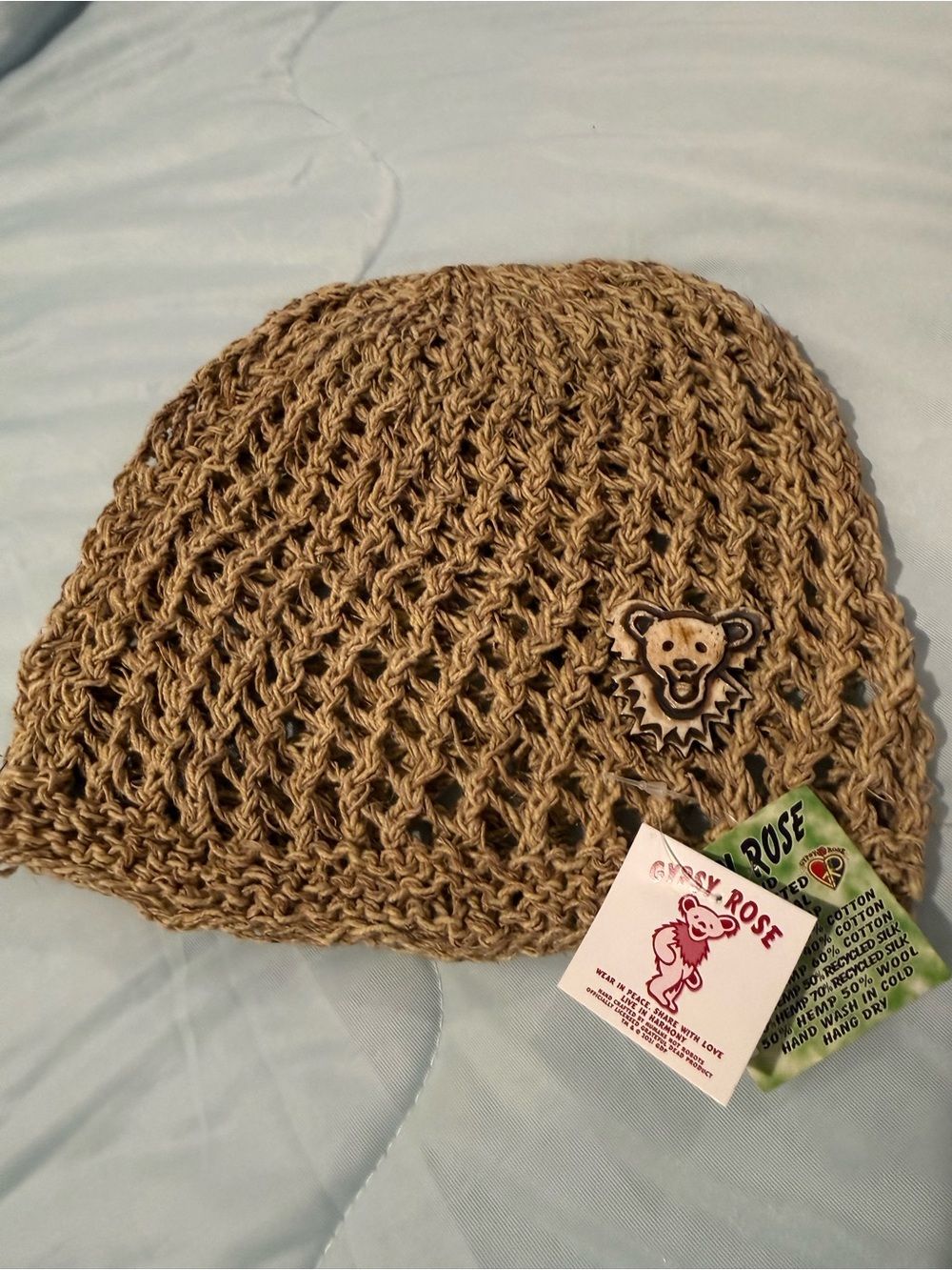 Gypsy Rose Tan Crochet Beanie with Grateful Dead Dancing Bear Pin